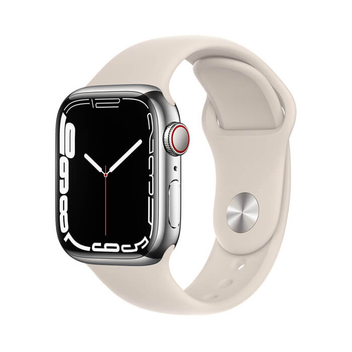 Apple Watch Series 7 41mm (4G) Viền thép bạc, dây cao su trắng