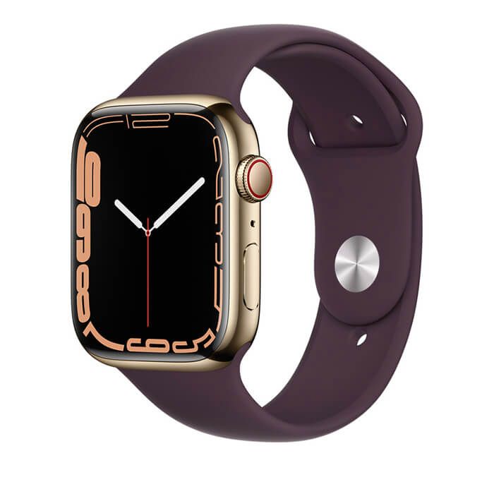 Apple Watch Series 7 45mm (4G) Viền thép Gold, dây cao su đỏ mận