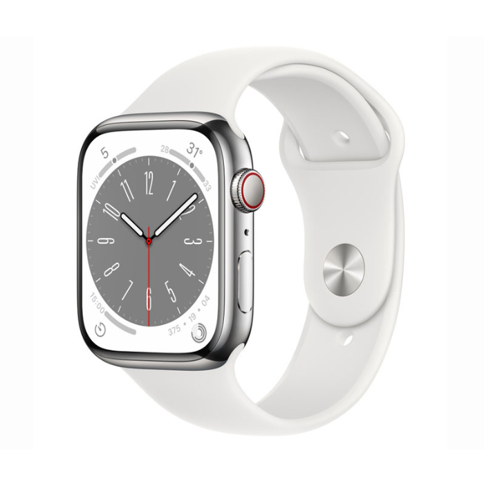 Apple Watch Series 8 45mm LTE Viền thép bạc, dây cao su trắng