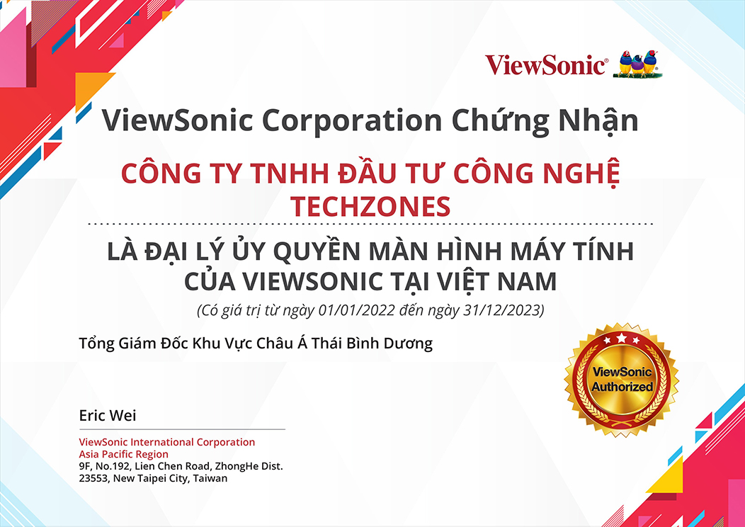 Chứng nhận Techzo-nes là đại lý độc quyền của ViewSonic tại Việt Nam